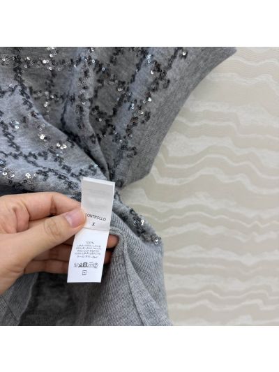 Brunello Cucinelli Embroidered Short Sleeve Top in Grey