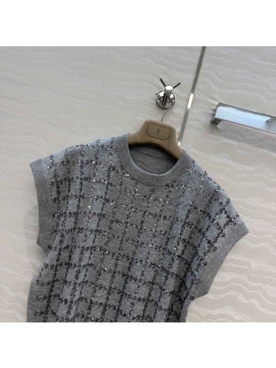 Brunello Cucinelli Embroidered Short Sleeve Top in Grey