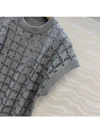 Brunello Cucinelli Embroidered Short Sleeve Top in Grey