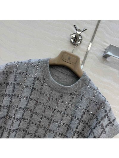 Brunello Cucinelli Embroidered Short Sleeve Top in Grey