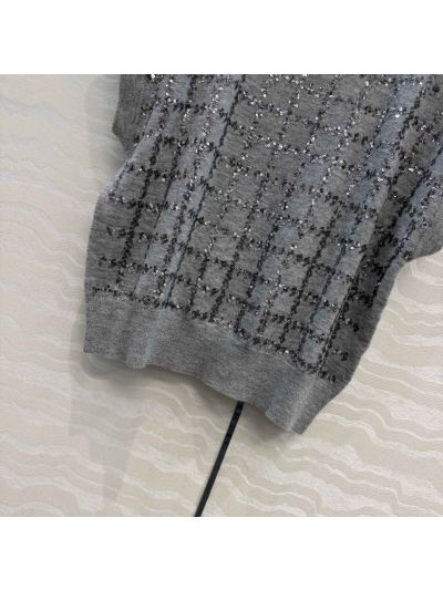 Brunello Cucinelli Embroidered Short Sleeve Top in Grey