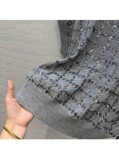 Brunello Cucinelli Embroidered Short Sleeve Top in Grey