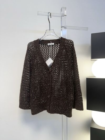 Brunello Cucinelli Openwork Button-Front Cardigan in Brown