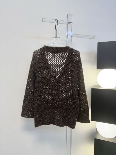 Brunello Cucinelli Openwork Button-Front Cardigan in Brown