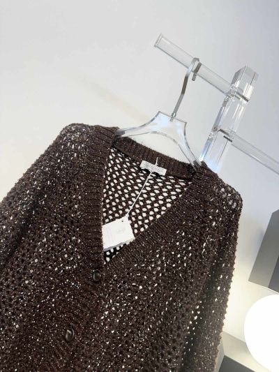 Brunello Cucinelli Openwork Button-Front Cardigan in Brown