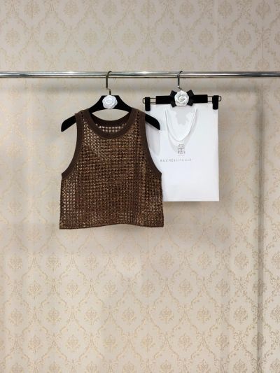 Brunello Cucinelli Openwork Sequin Top in Brown