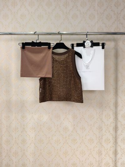 Brunello Cucinelli Openwork Sequin Top in Brown