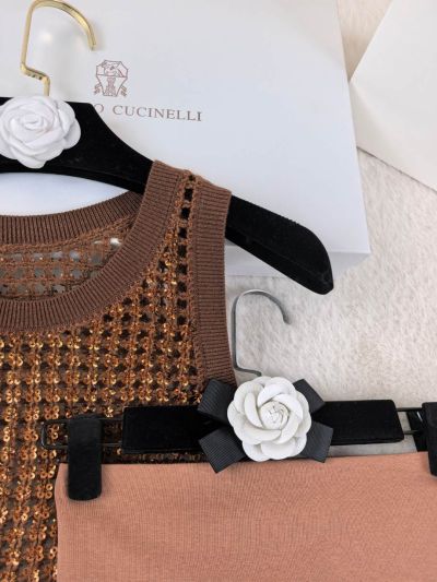 Brunello Cucinelli Openwork Sequin Top in Brown