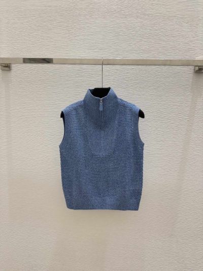 Brunello Cucinelli Stand Collar Zip-Up Knit Top in Blue