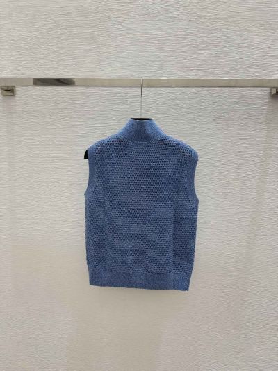 Brunello Cucinelli Stand Collar Zip-Up Knit Top in Blue