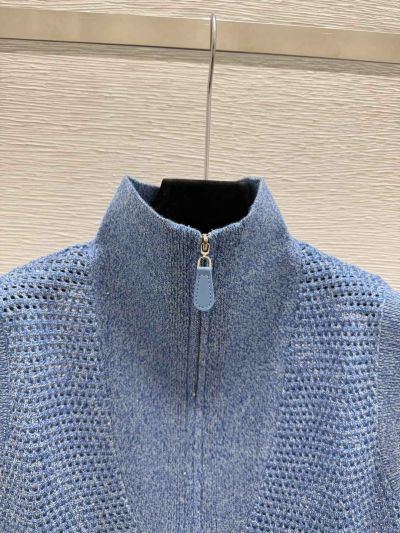 Brunello Cucinelli Stand Collar Zip-Up Knit Top in Blue