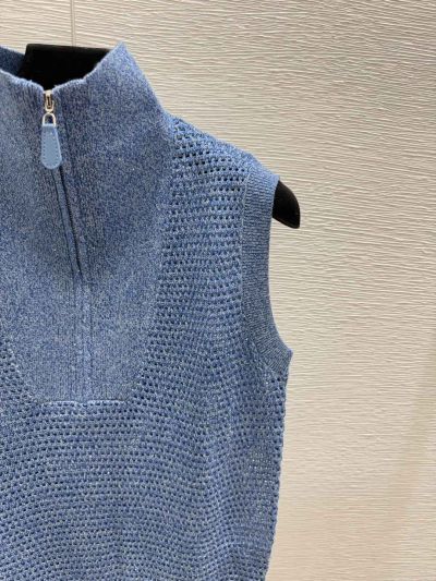 Brunello Cucinelli Stand Collar Zip-Up Knit Top in Blue
