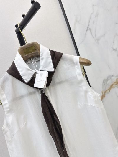 Brunello Cucinelli Turn-Down Collar Sleeveless Shirt in White and Black