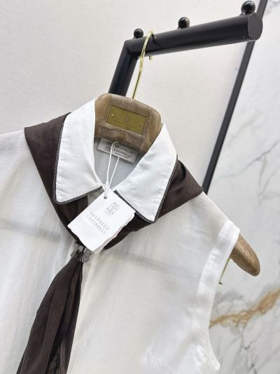 Brunello Cucinelli Turn-Down Collar Sleeveless Shirt in White and Black