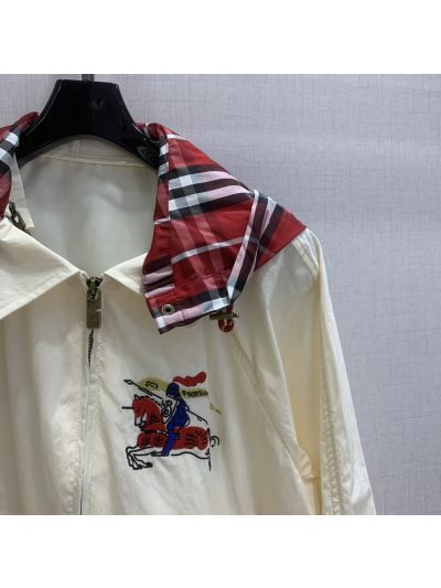 Burberry Hooded Embroidered Jacket in White and Red