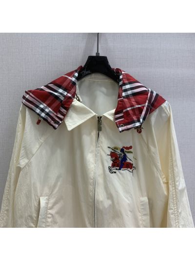 Burberry Hooded Embroidered Jacket in White and Red