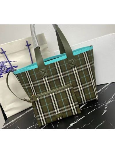 Burberry Medium London Tote Bag Dark Green Cotton Canvas Jacquard and Leather