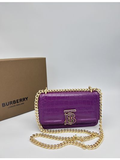 Burberry Mini TB Crocodile Embossed Leather Chain Flap Shoulder Bag Purple