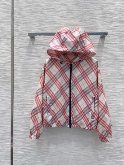 Burberry Plaid Hooded Coat in White and Red