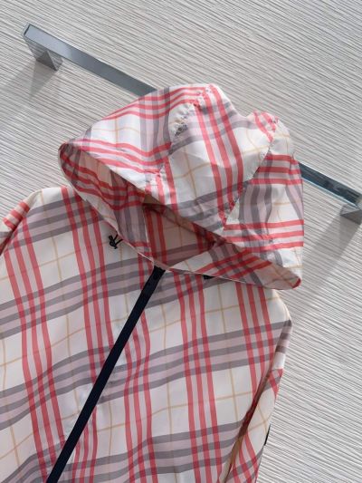 Burberry Plaid Hooded Coat in White and Red
