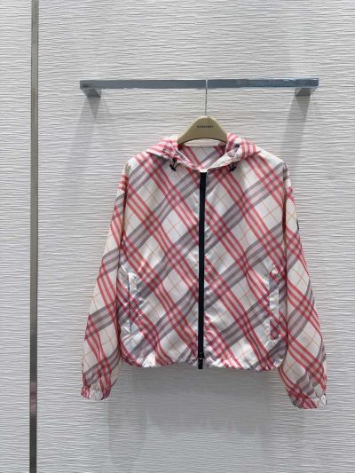 Burberry Plaid Hooded Coat in White and Red