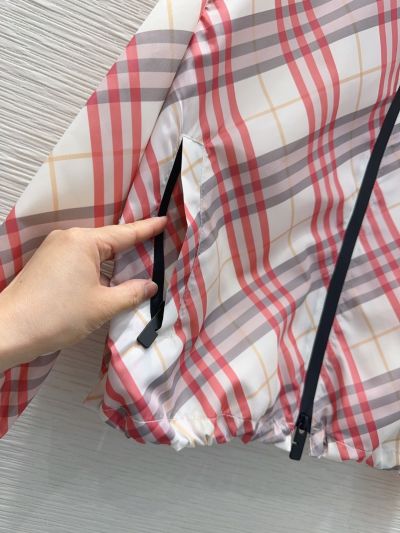 Burberry Plaid Hooded Coat in White and Red