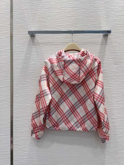 Burberry Plaid Hooded Coat in White and Red