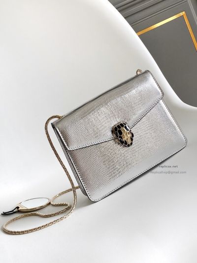 Bvlgari Serpenti Forever Small Shoulder Bag Silver Lizard-Embossed Calfskin