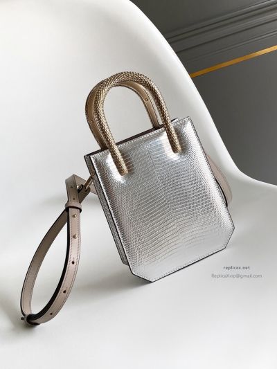 Bvlgari Serpentine Mini Tote Bag Silver Lizard-Embossed Calfskin