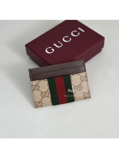Gucci Card Case with Web 876043 in Beige/Brown with Brown Trim and Green-Red Web