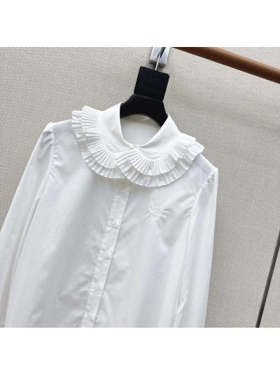 Celine Button-Front Ruffled Shirt in White