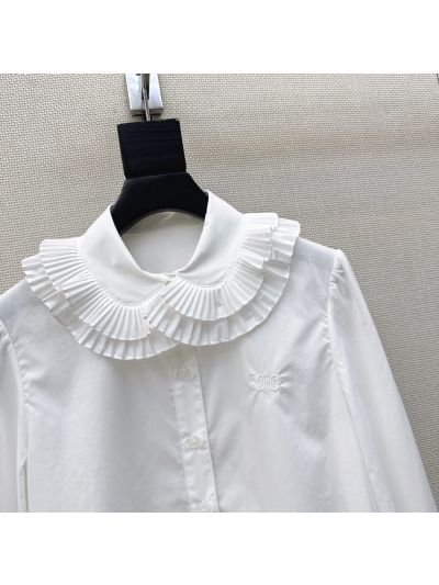 Celine Button-Front Ruffled Shirt in White