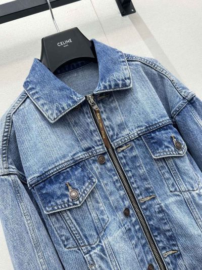 Celine Denim Long Sleeve Coat in Light Blue