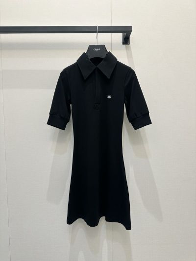 Celine Embroidered Stand Collar Dress in Black