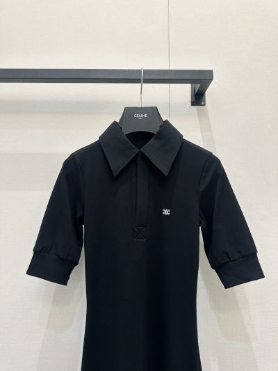 Celine Embroidered Stand Collar Dress in Black