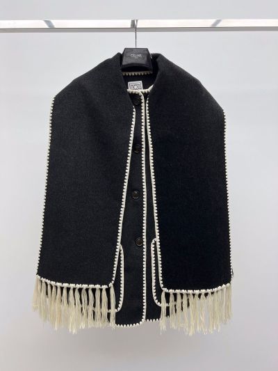 Celine Fringe Button-Front Coat in Black and White