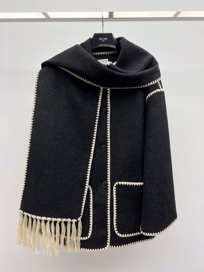 Celine Fringe Button-Front Coat in Black and White