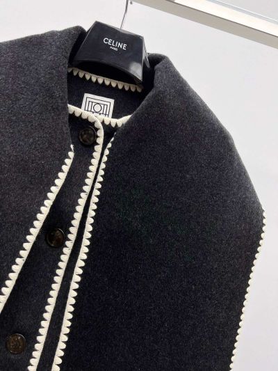 Celine Fringe Button-Front Coat in Black and White