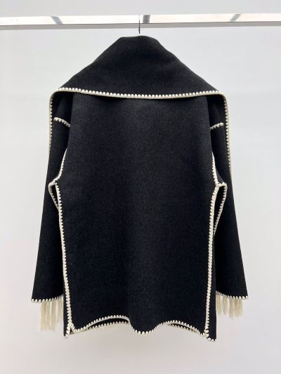 Celine Fringe Button-Front Coat in Black and White
