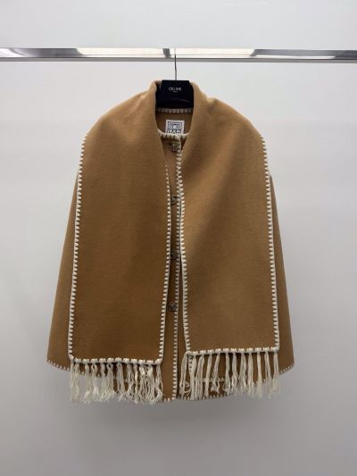 Celine Fringe Contrast-Trim Coat in Beige