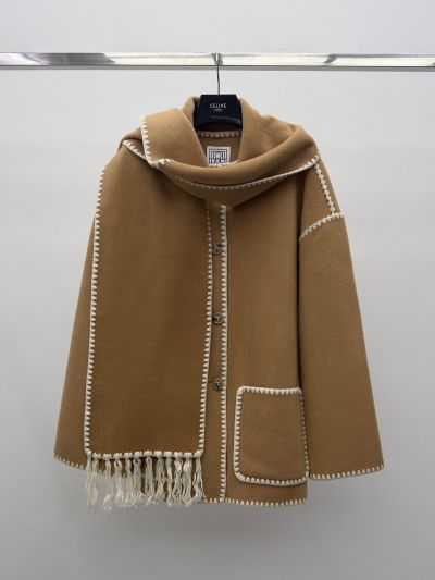 Celine Fringe Contrast-Trim Coat in Beige