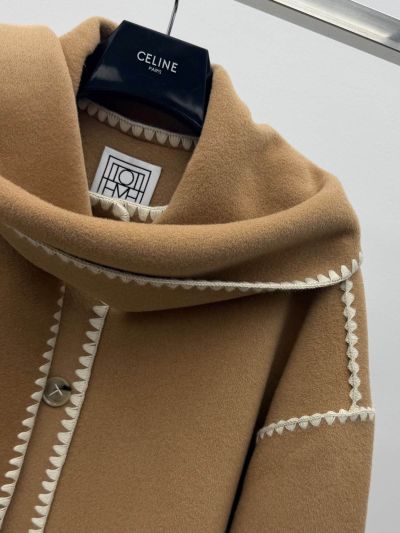 Celine Fringe Contrast-Trim Coat in Beige