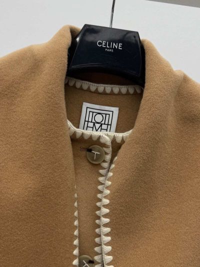 Celine Fringe Contrast-Trim Coat in Beige