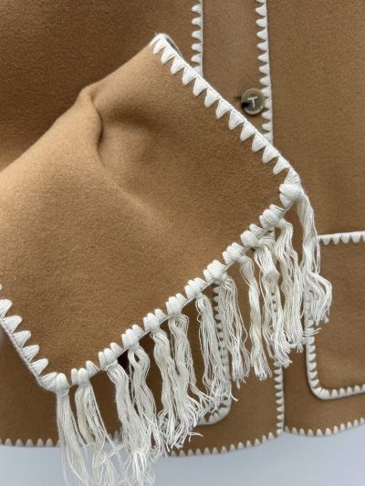 Celine Fringe Contrast-Trim Coat in Beige