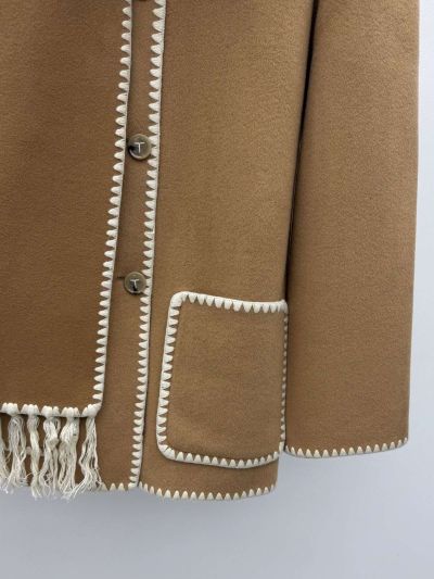 Celine Fringe Contrast-Trim Coat in Beige