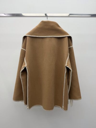 Celine Fringe Contrast-Trim Coat in Beige