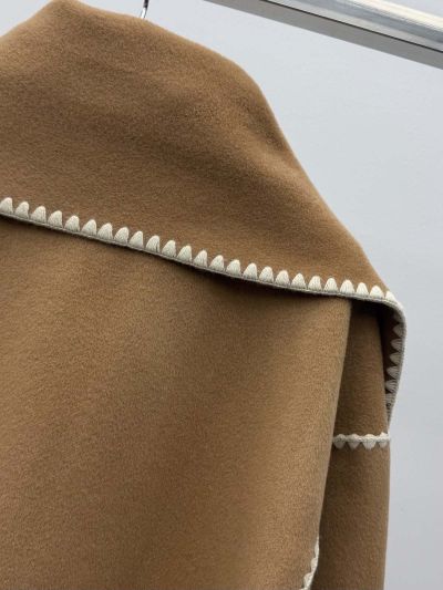 Celine Fringe Contrast-Trim Coat in Beige