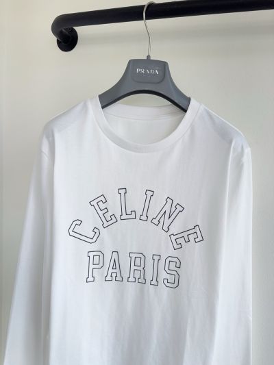 Celine Long Sleeve Crew Neck T-Shirt in White