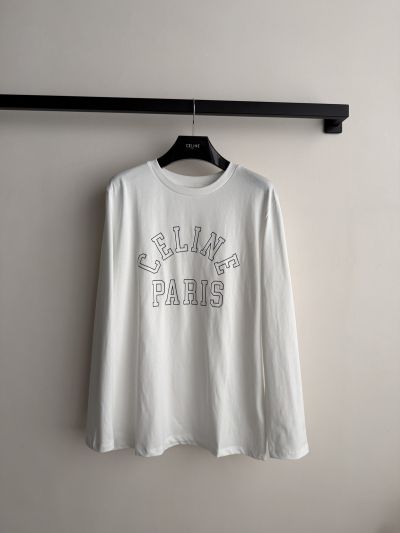Celine Long Sleeve Ribbed Knit T-Shirt in White