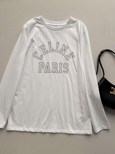 Celine Long Sleeve Ribbed Knit T-Shirt in White